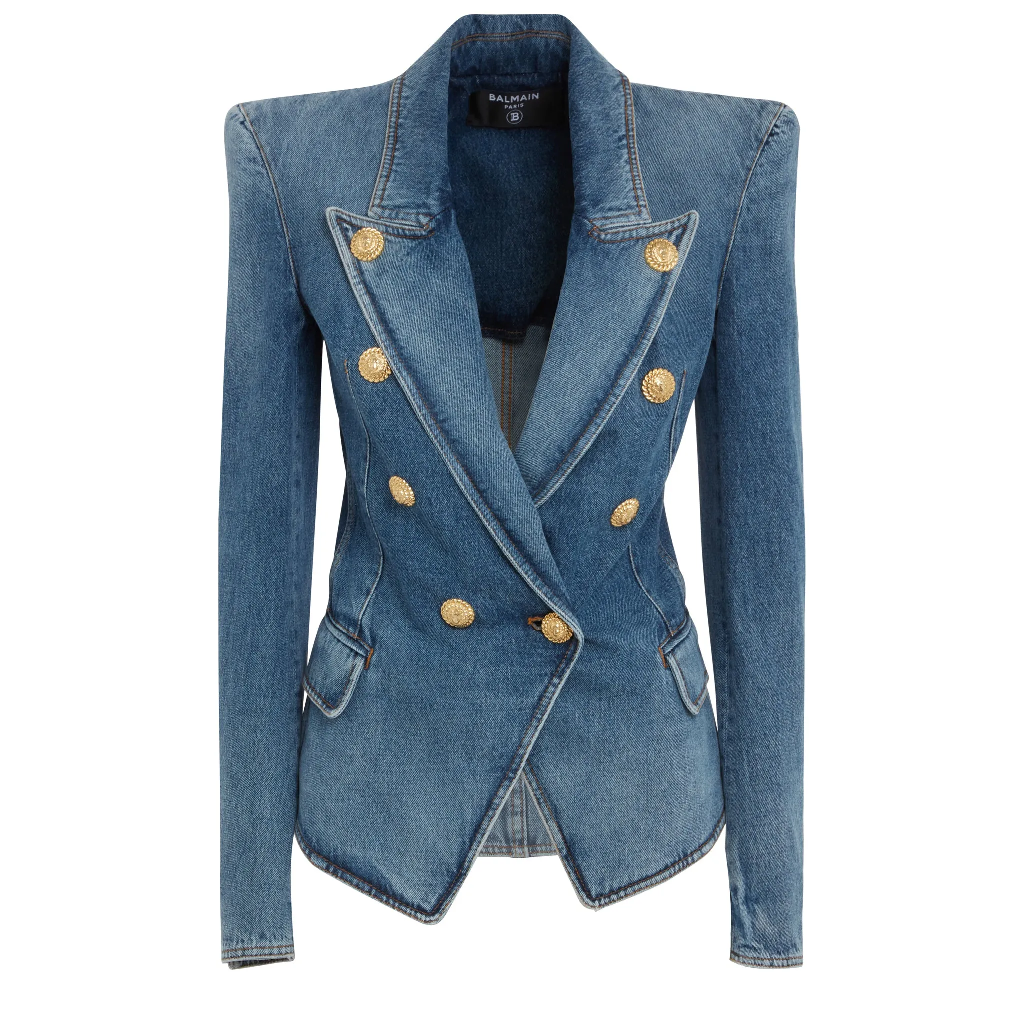 BALMAIN  Giacca doppio petto in denim blu