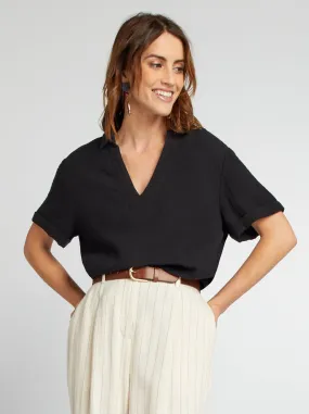 Blusa in garza di cotone con maniche corte - nero