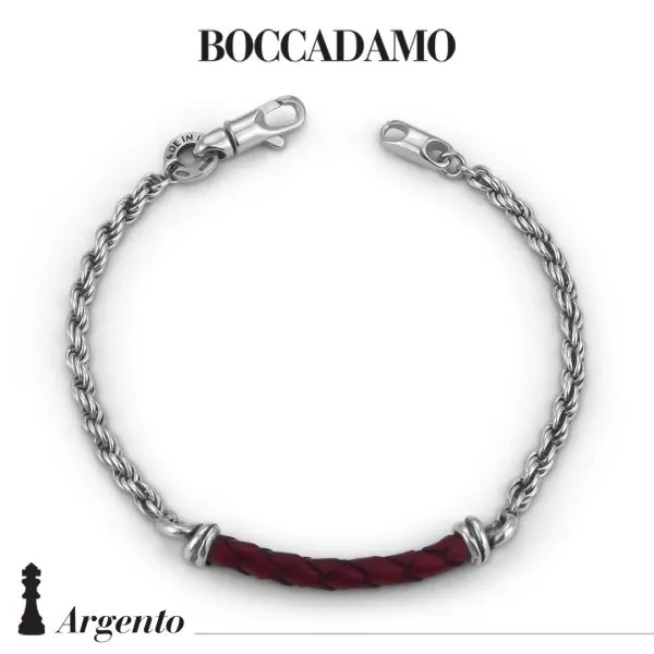 Bracciale maglia corda con cordino in pelle rossa    