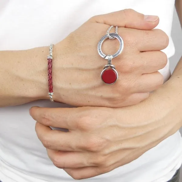 Bracciale maglia corda con cordino in pelle rossa    