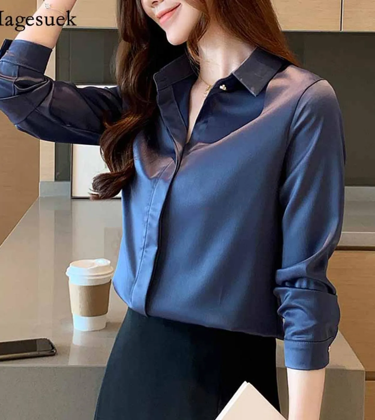 Elegante Office Lady Colletto rovesciato Camicetta solida Donna Autunno Nuova camicia da donna in seta a maniche lunghe Top da d