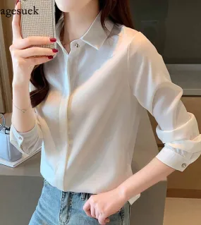 Elegante Office Lady Colletto rovesciato Camicetta solida Donna Autunno Nuova camicia da donna in seta a maniche lunghe Top da d