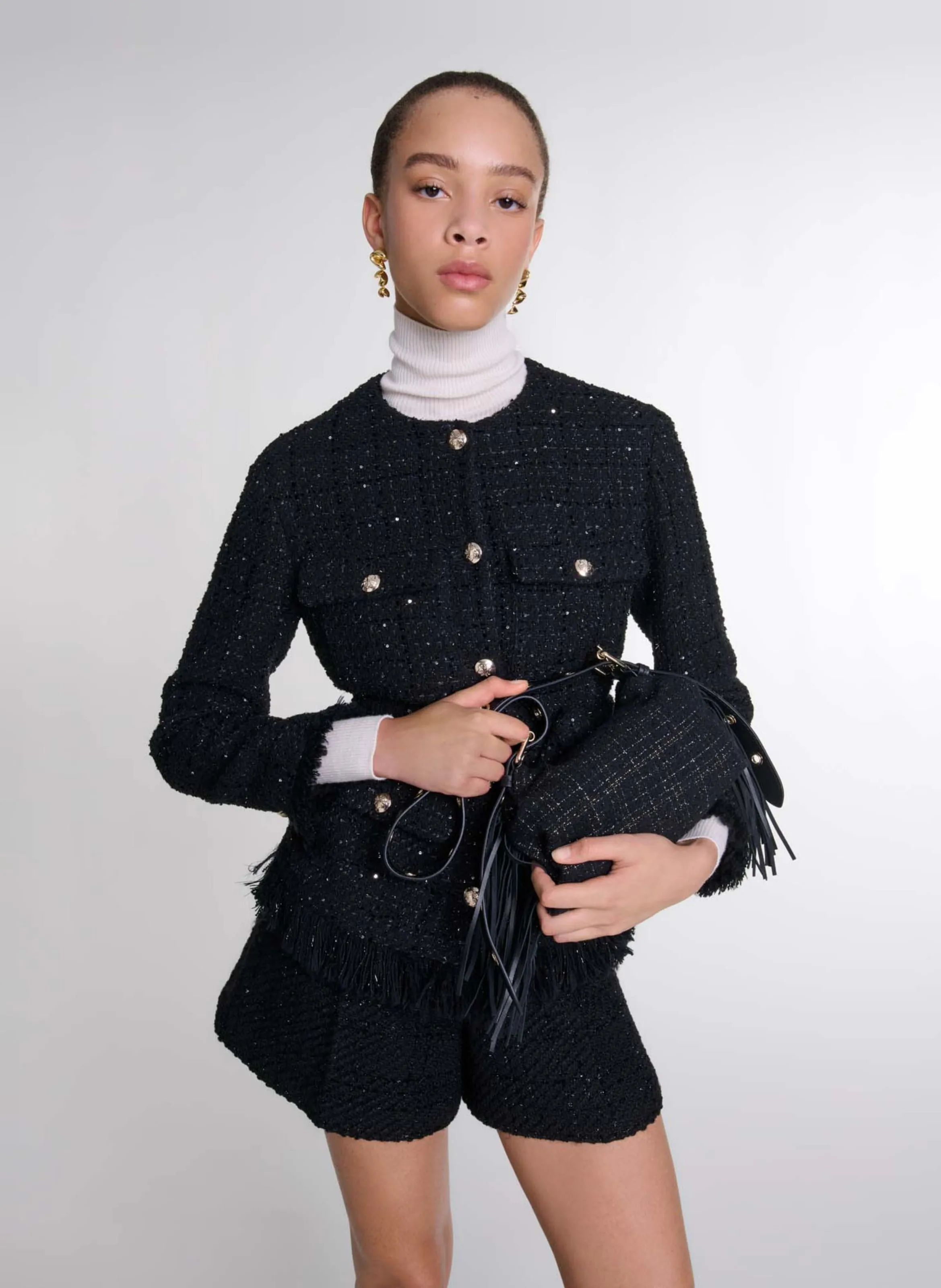  MAJE   Giacca con collo tondo in tweed di cotone misto | Nero