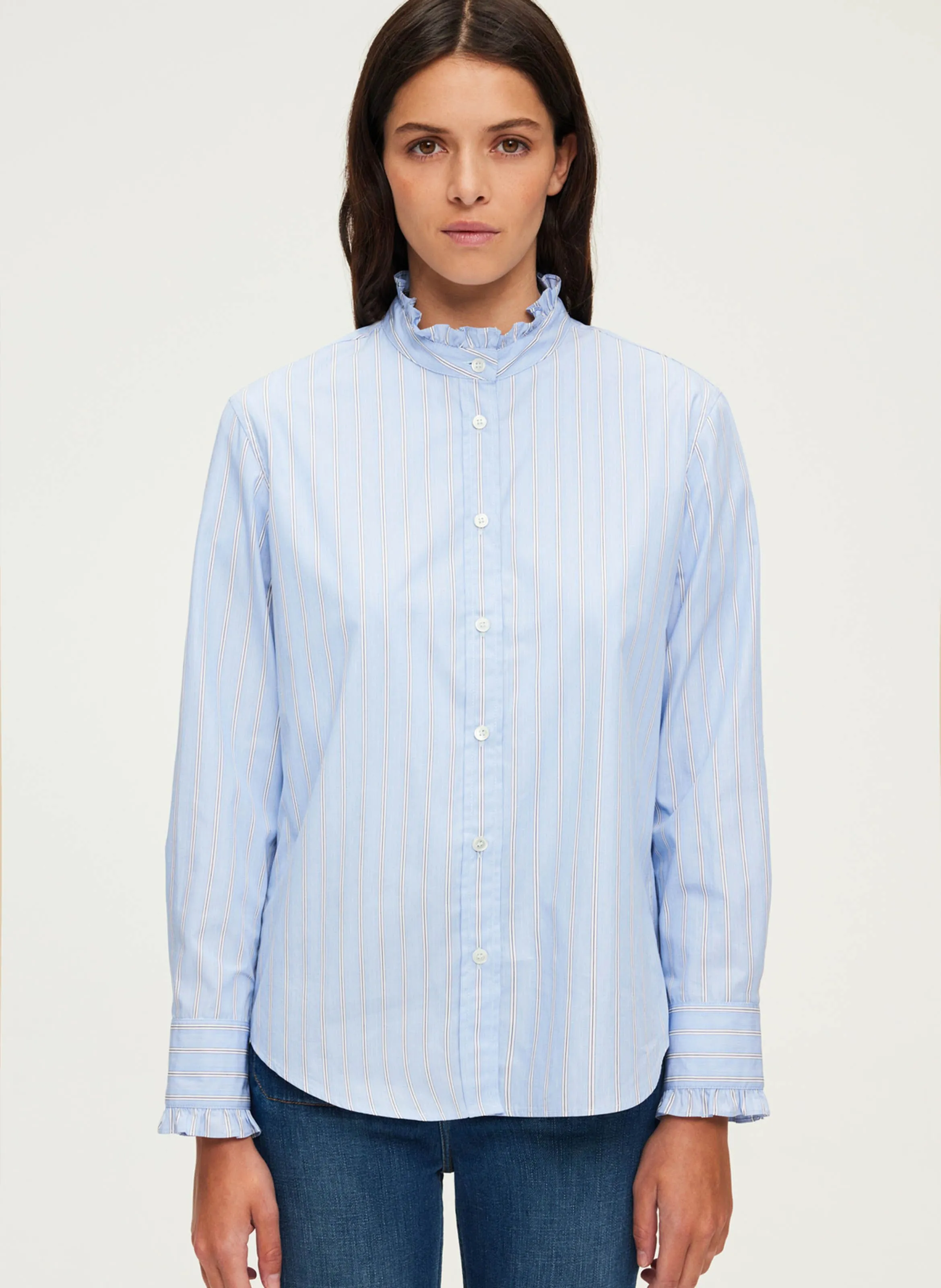  PABLO   BAIDY - Camicia a righe in cotone con volant Chamallow | Blu