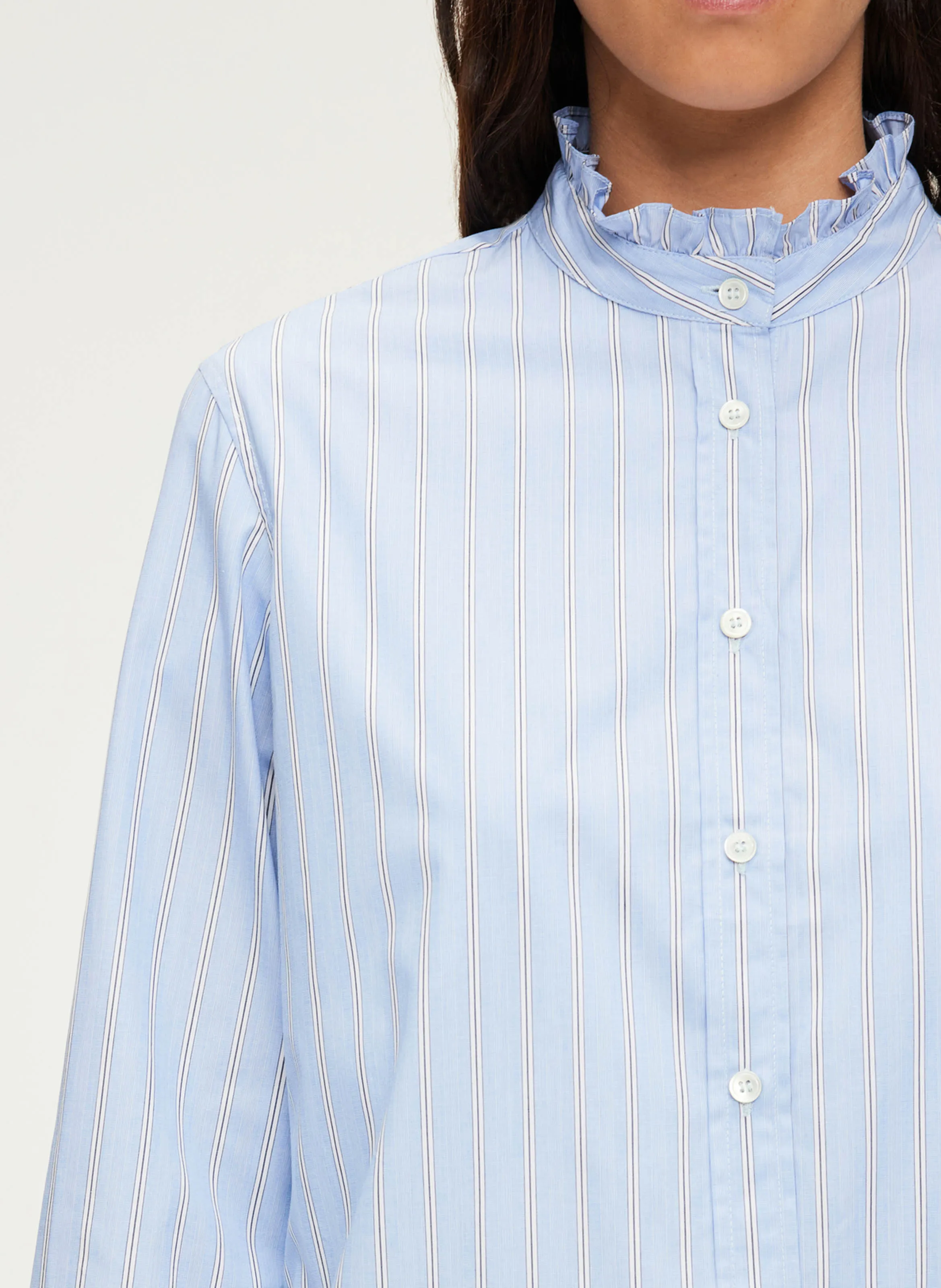  PABLO   BAIDY - Camicia a righe in cotone con volant Chamallow | Blu