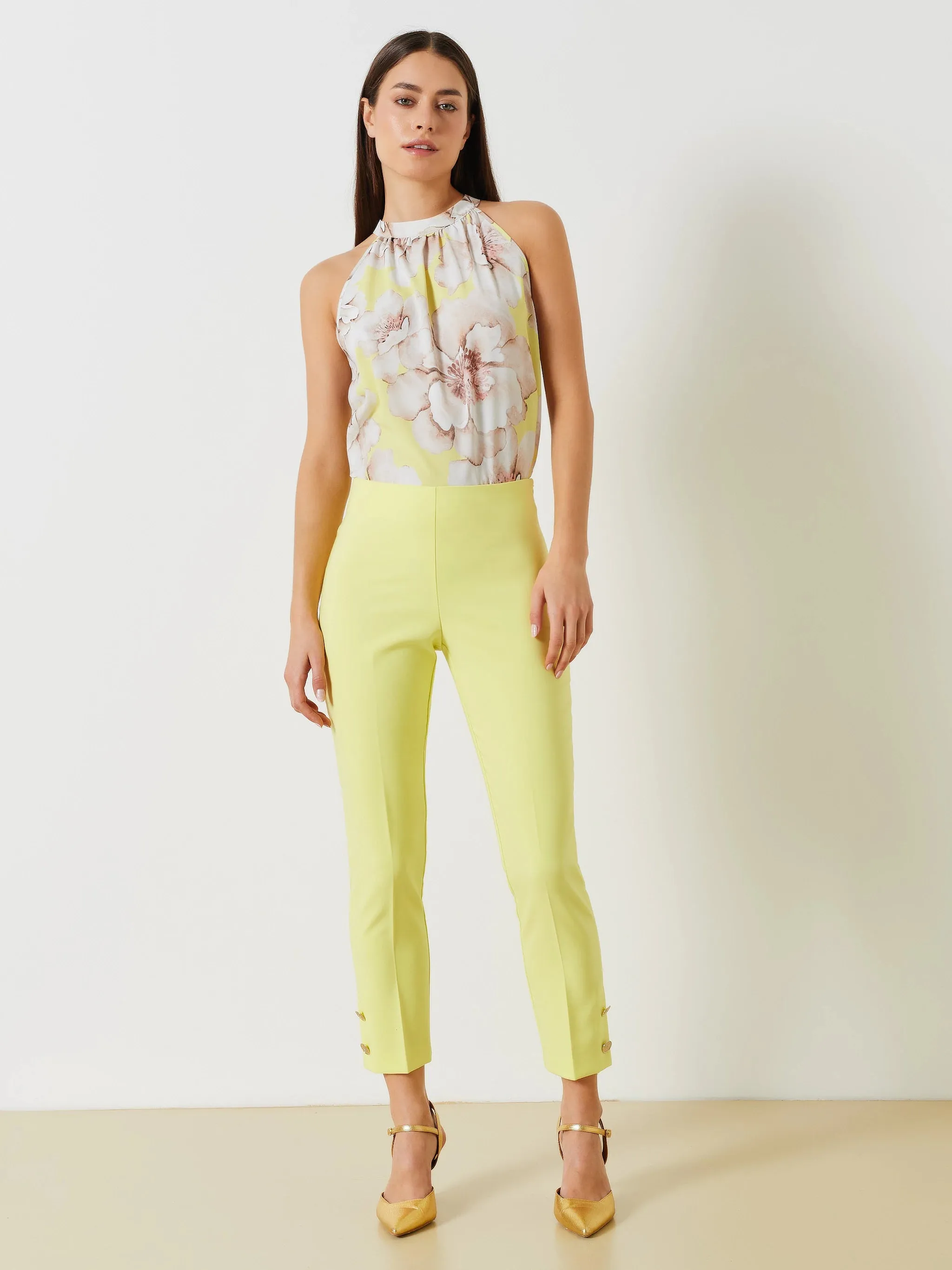 Pantalone Slim Dettaglio Bottoni Giallo