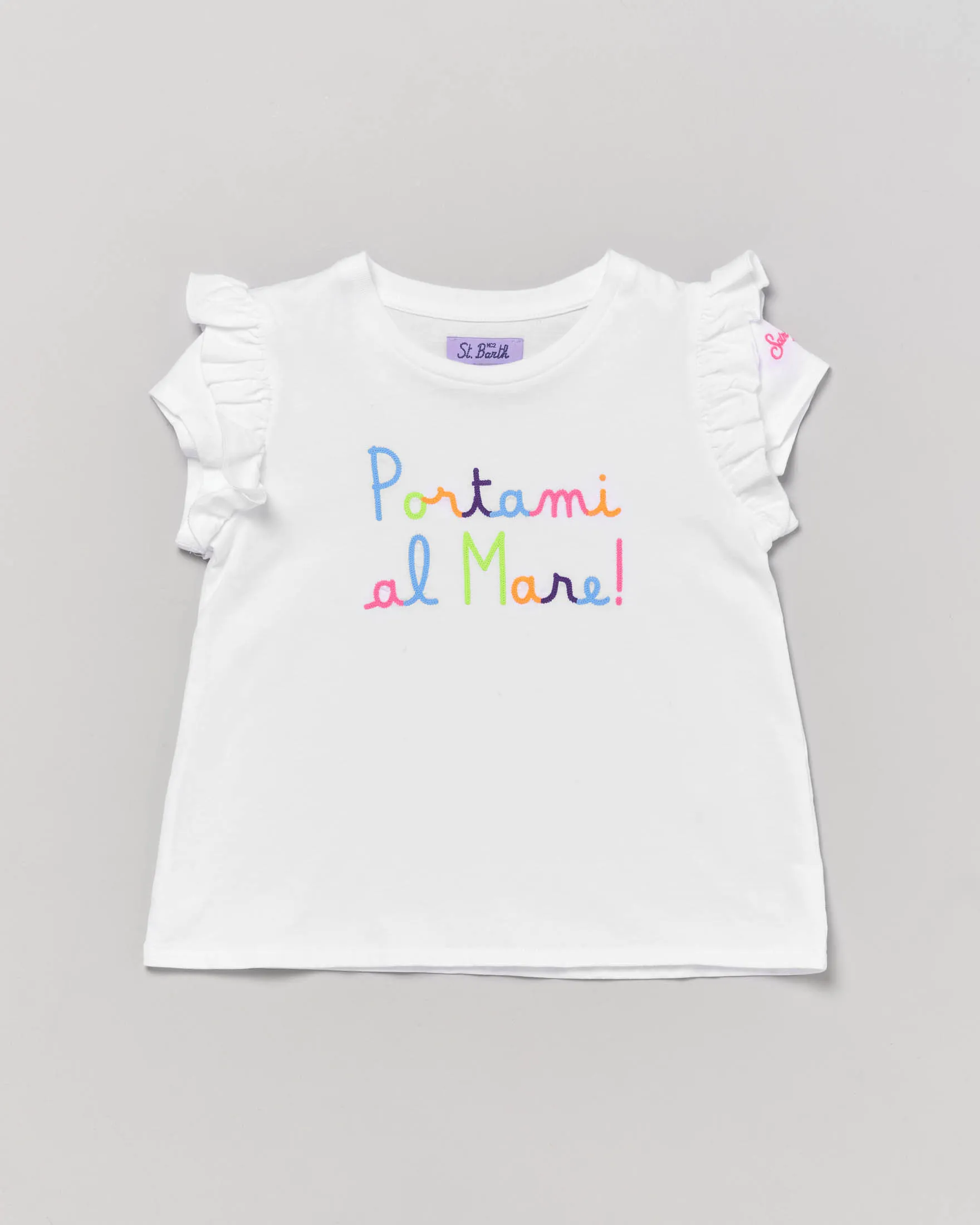 T-shirt bianca Baby a mezza manica con rouches e scritta ricamata davanti 2-8 anni