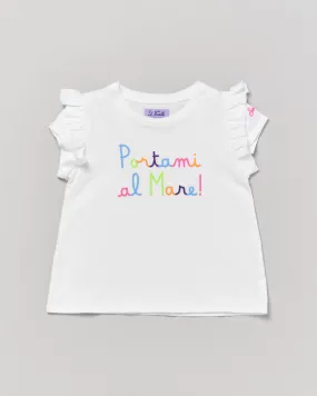 T-shirt bianca Baby a mezza manica con rouches e scritta ricamata davanti 2-8 anni