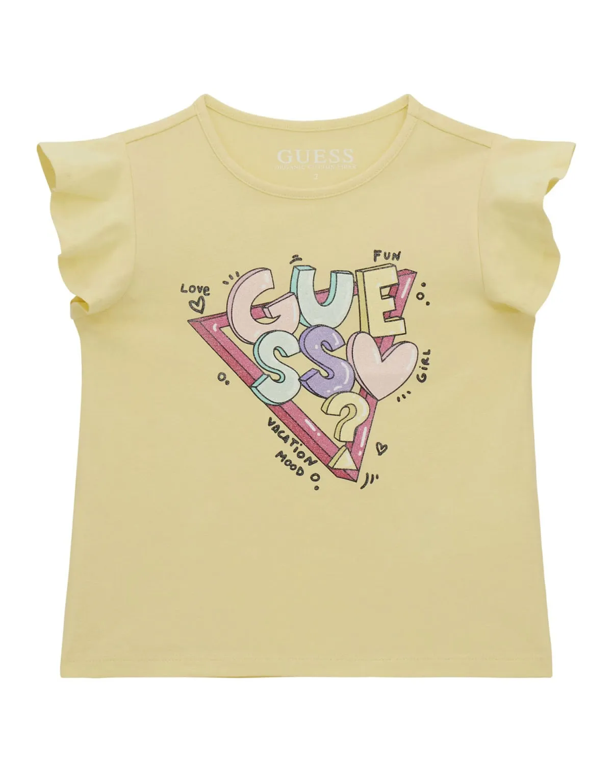 T-shirt gialla in cotone stretch a maniche corte con stampa logo colorata 3-7 anni