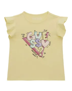 T-shirt gialla in cotone stretch a maniche corte con stampa logo colorata 3-7 anni